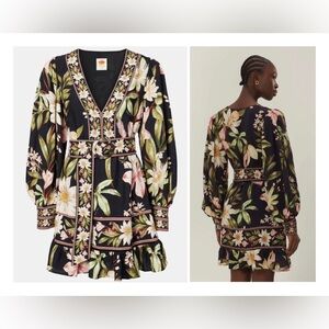 FARM Rio Black Floral V-Neck Long Sleeve Mini Dress with Pink and Green Accents